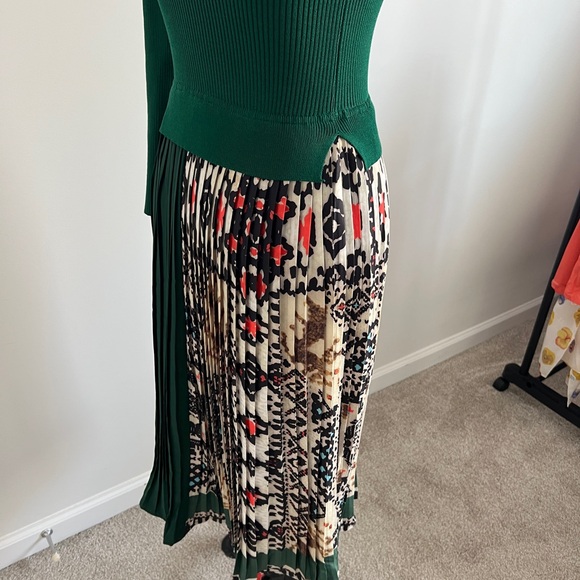 Stunning Forest Green Midi Dress | Sweater Top & Pleated Aztec Print Skirt - Picture 12 of 15